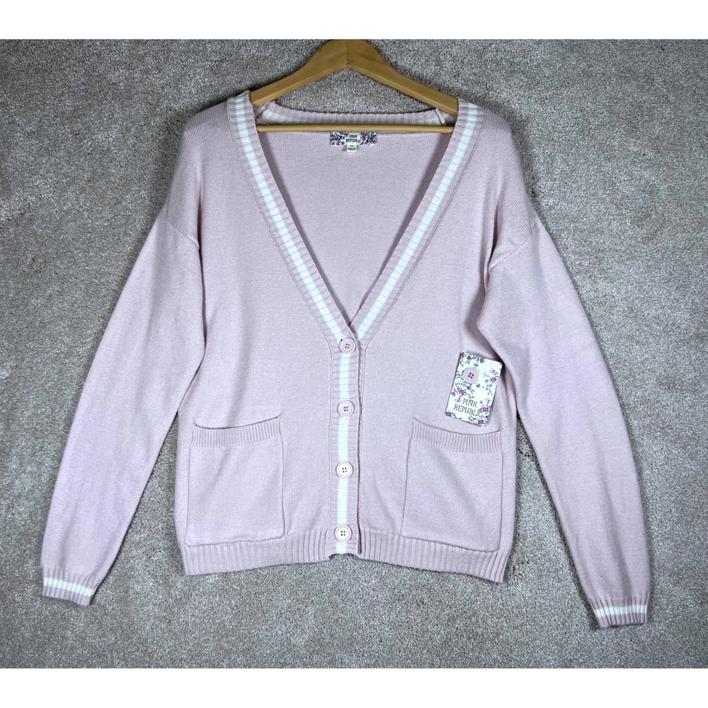 NWT Pink Republic Cardigan XS Blush White Preppy VNeck Button Front Knit Sweater